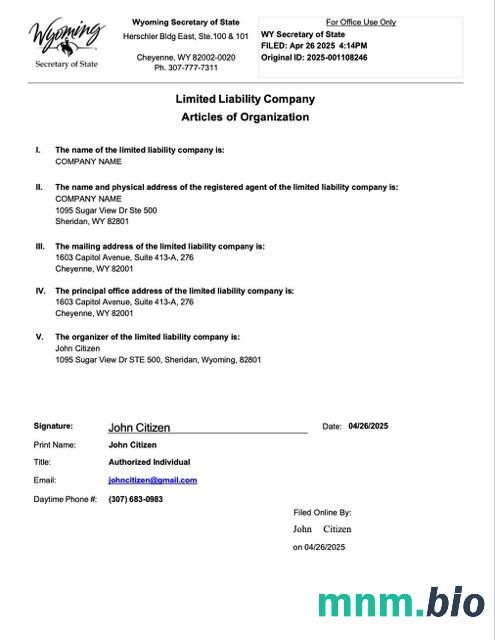 USA Wyoming artykuły organizacji Word i PDF szablon